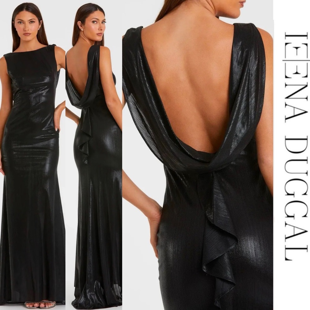 Ieena x Mac Duggal - Black Metallic Jersey Cowl Back Column Gown Size 14
